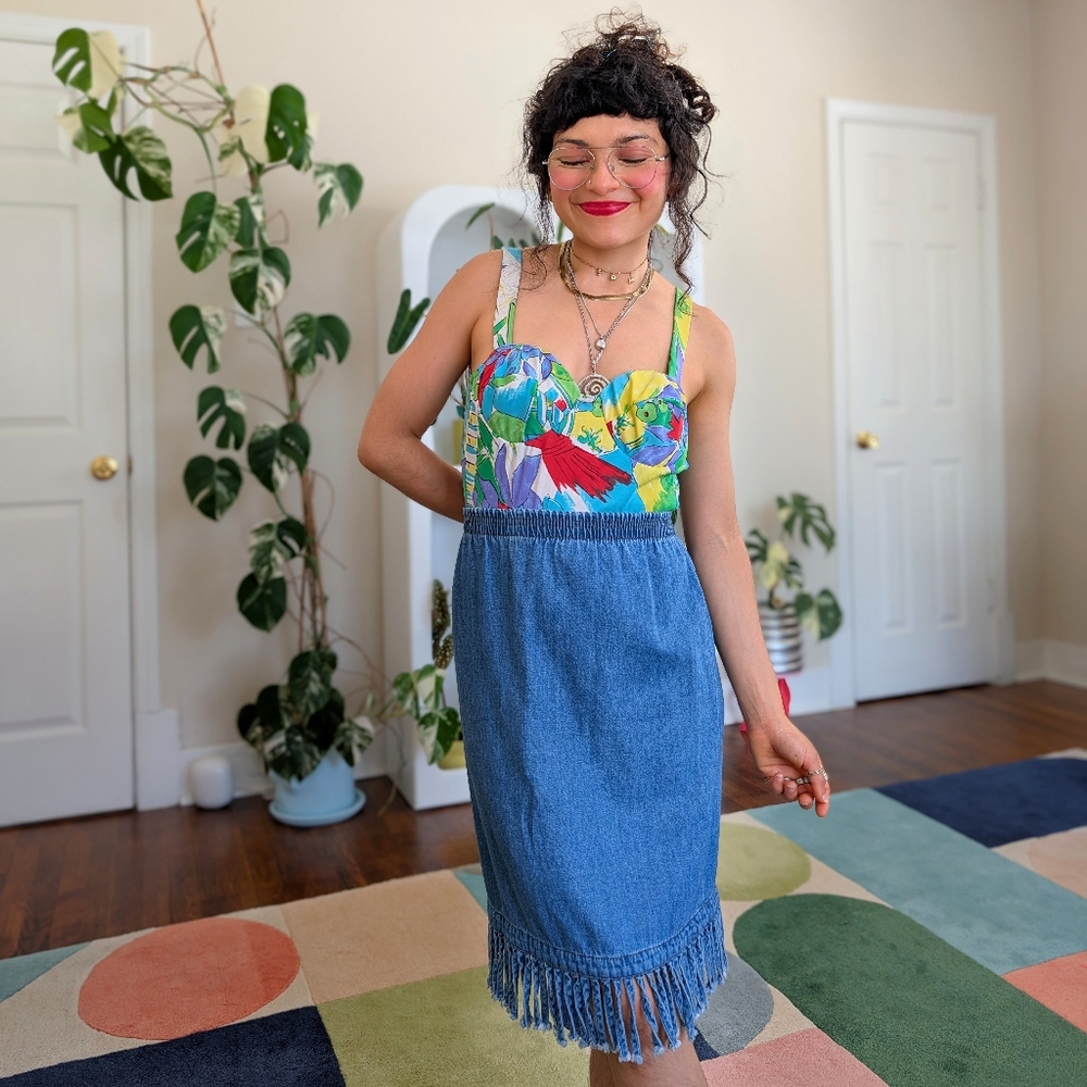 Vintage Blue denim midi skirt with fringe hem